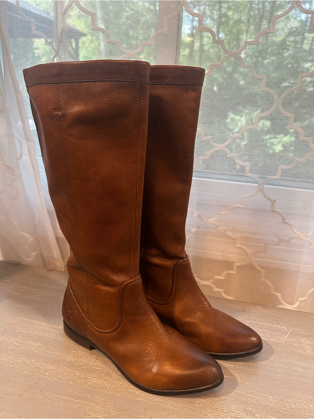 FRYE Cindy Slouch Leather Riding Boots Cognac Brown Size 8 GUC